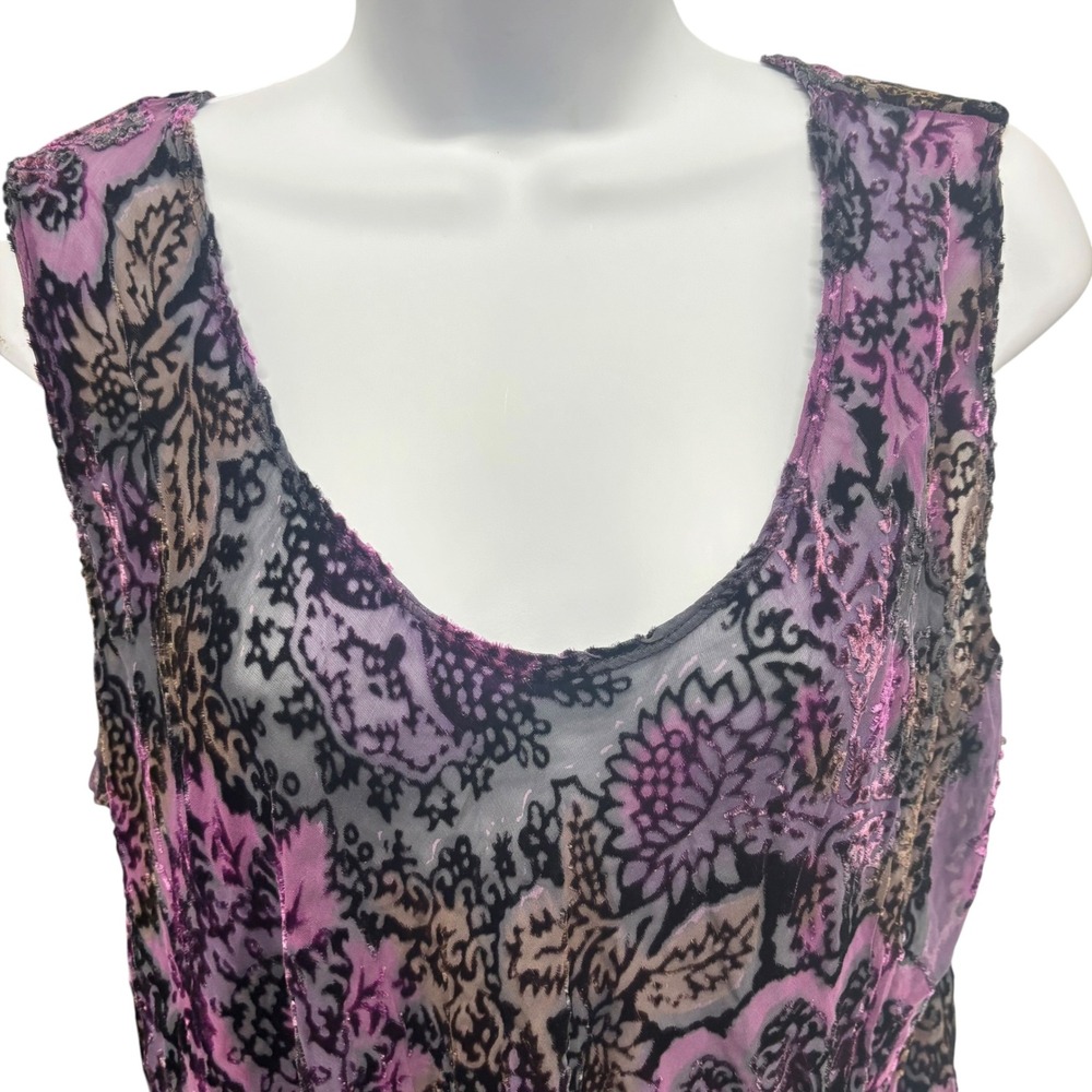 URU Silk Blend Velvet Burnout Floral Tank Top Purple Black Tunic XL USA - Picture 3 of 12